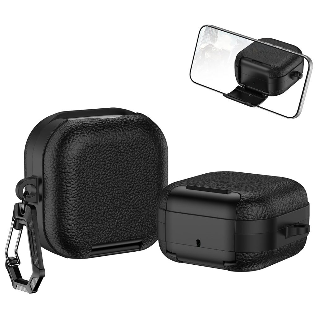Samsung Galaxy Buds4/Buds4 Pro Fodral med mobilställ och karbinhake - Svart