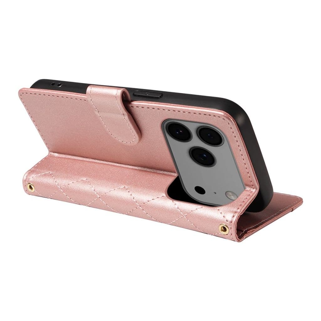 iPhone 17 Pro Max Plånboksfodral med axelrem – Roséguld diamantmönstrat konstläder - Bild 11