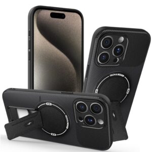 iPhone 15 Pro Skal Kickstand Kolfibertextur - Svart