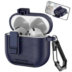 AirPods 4 Fodral med läderstruktur, lås, ställ och karbinhake - Mörkblå