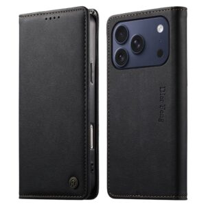 DIERFENG DF-019 Plånboksfodral i äkta läder med RFID-skydd till iPhone 18 Pro/17 Pro - Svart
