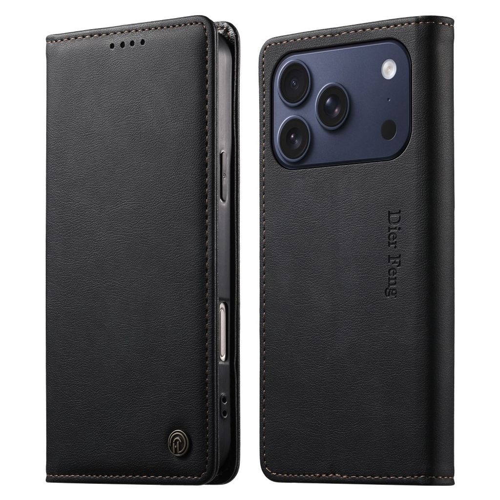 DIERFENG DF-019 Plånboksfodral i äkta läder med RFID-skydd till iPhone 18 Pro/17 Pro - Svart
