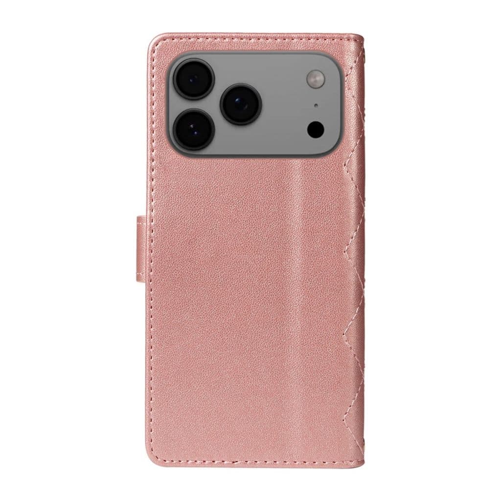 iPhone 17 Pro Max Plånboksfodral med axelrem – Roséguld diamantmönstrat konstläder - Bild 9