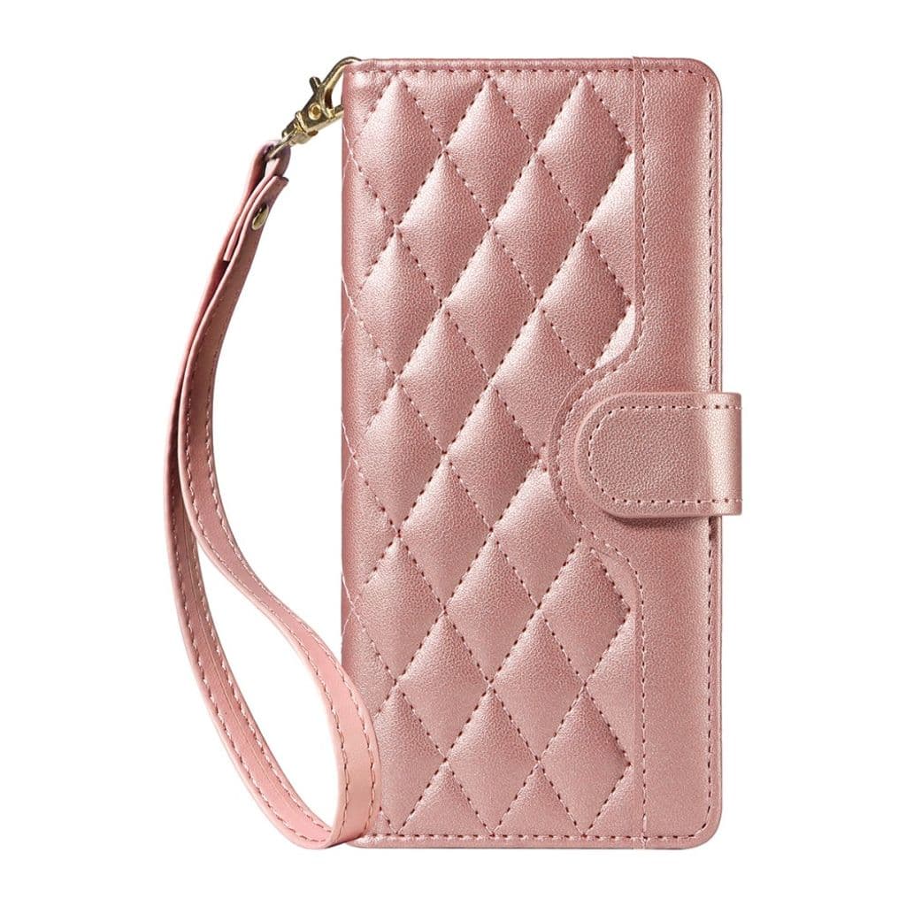 iPhone 17 Pro Max Plånboksfodral med axelrem – Roséguld diamantmönstrat konstläder - Bild 8