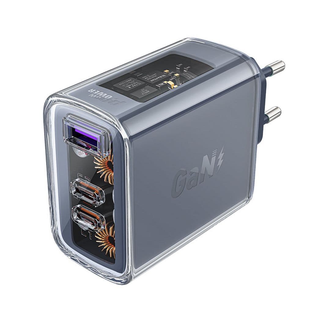 Acefast laddare GaN 65W, 3 portar (1xUSB, 2xUSB-C) - Grå