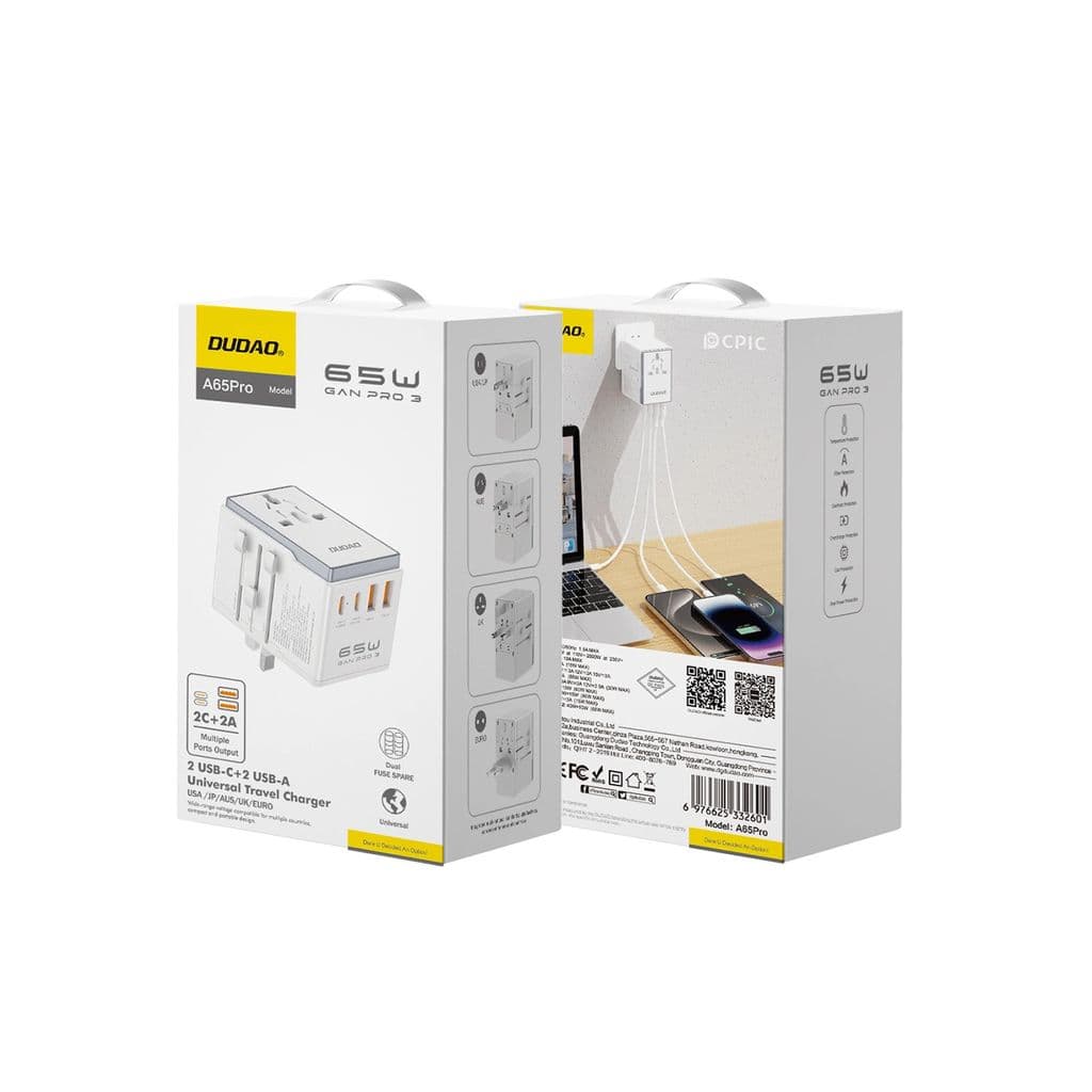 Dudao reseadapter 65W EU/US/JP/AUS/UK 2x USB-C 2x USB-A - Vit
