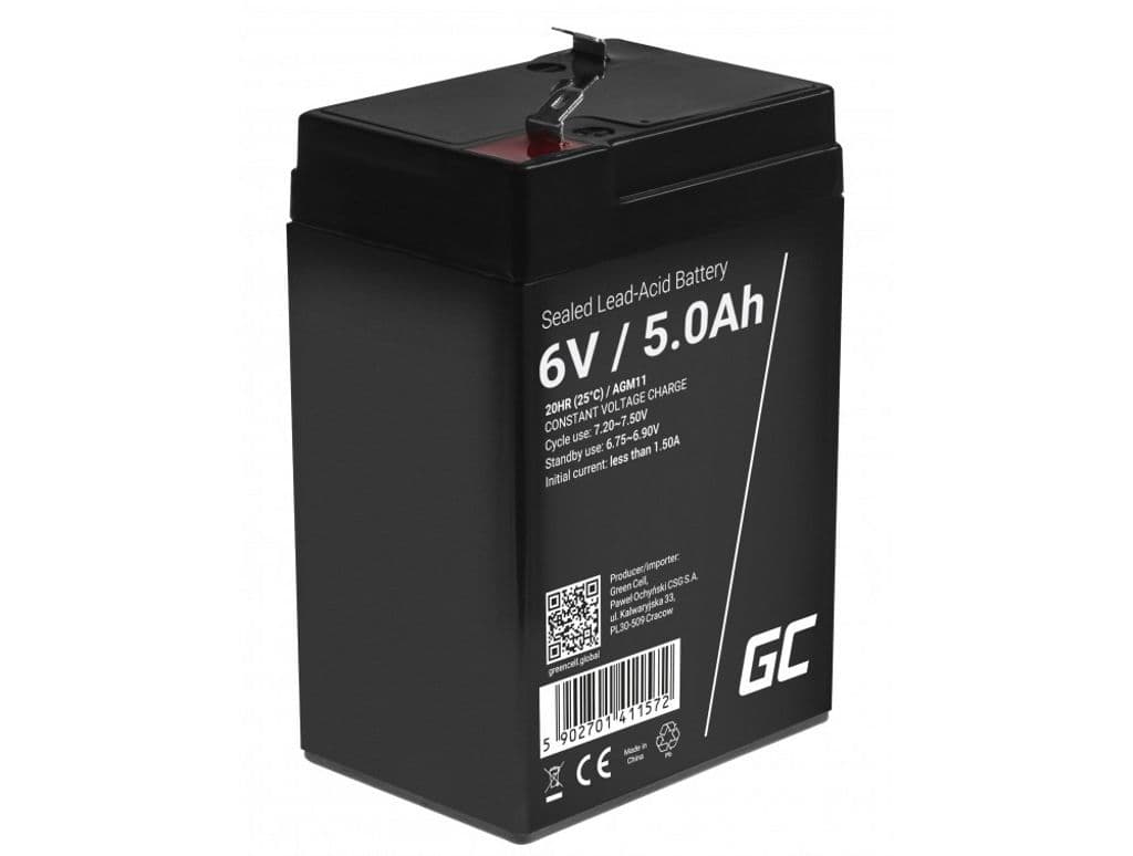 Green Cell AGM VRLA 6V 5Ah underhållsfritt batteri för larmsystem, kassaregister, leksaker