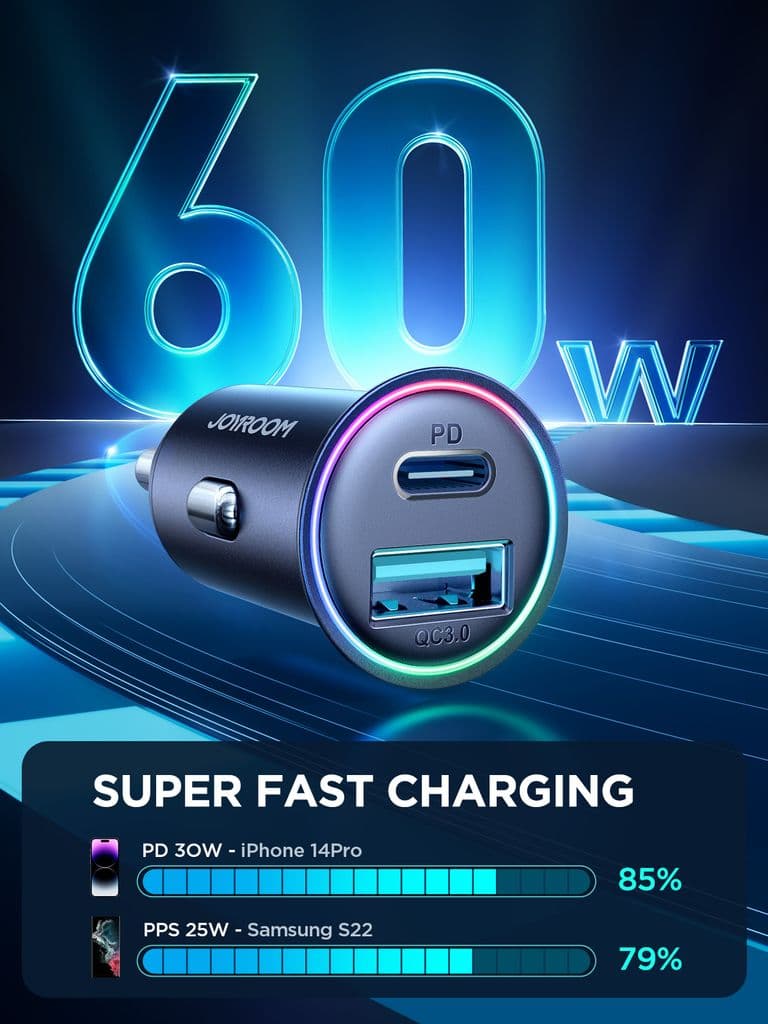 Joyroom Mini Metal Billaddare 60W, USB-C, USB-A - Bild 4