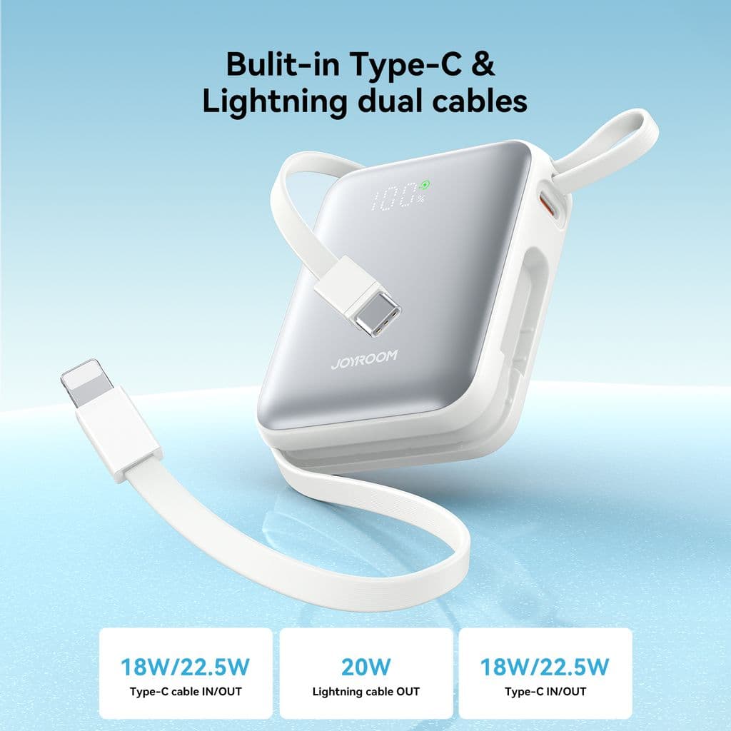 Joyroom 22,5W snabbladdning Power Bank 10000mAh med dubbla kablar - vit - Bild 4