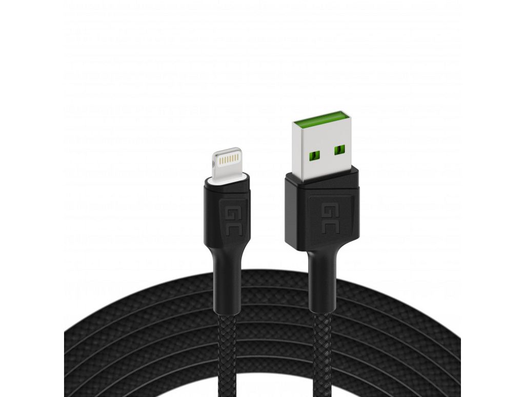 Green Cell Ray USB-A till Lightning-kabel med LED, 1.2 m, snabbladdning - Vit
