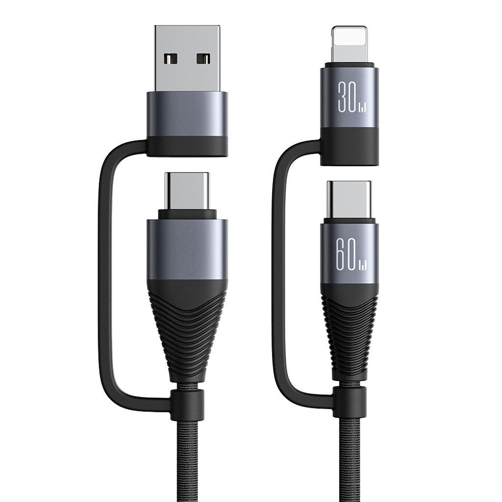 NEXTBATT 4-i-1 Snabbladdningskabel 60W USB-A/USB-C till USB-C/Lightning