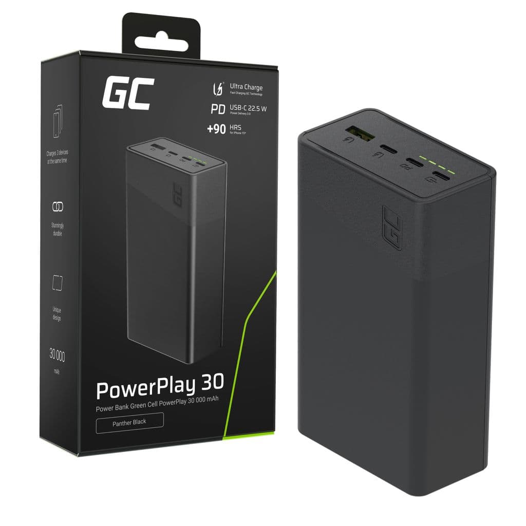 Greencell PowerPlay 30 Powerbank 30000mAh, 22.5W, 3x USB-C / 1x USB-A - Svart