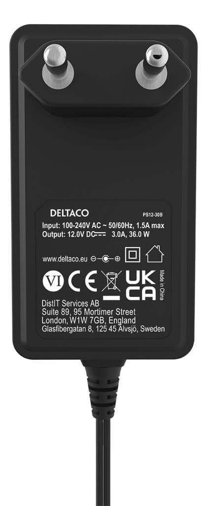 DELTACO Nätadapter, 100-240V AC 50-60Hz till 12V DC, 3A, 1.5m - Svart - Bild 3