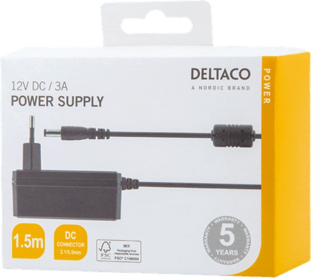 DELTACO Nätadapter, 100-240V AC 50-60Hz till 12V DC, 3A, 1.5m - Svart - Bild 4