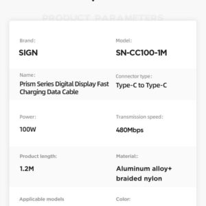 SiGN USB-C till USB-C Kabel 100W med Display, 1.2m - Svart