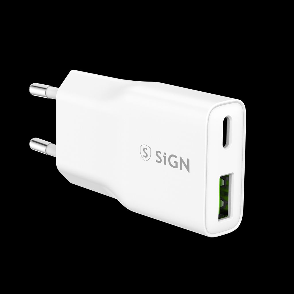 SiGN GaN Ultra Slim Snabbladdare USB-A & USB-C, PD & QC3.0, 3A, 20W – Vit