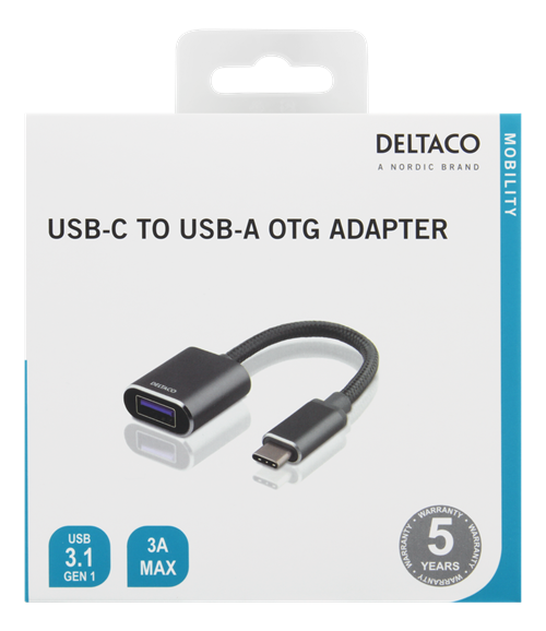 Deltaco Adapter USB-A till USB-C 3.1 OTG - Rymdgrå
