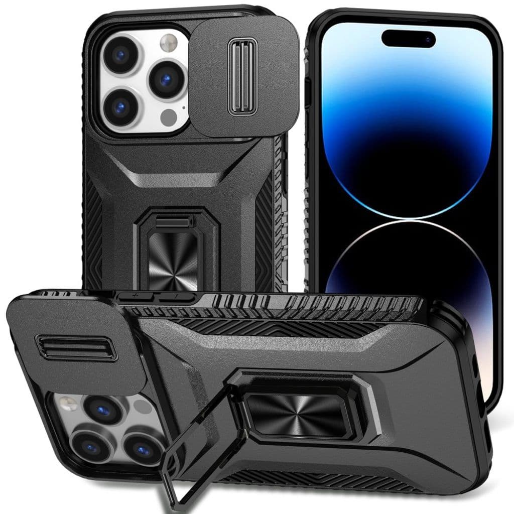 iPhone 14 Pro Skal med Ringstativ och Kameraskydd - Svart