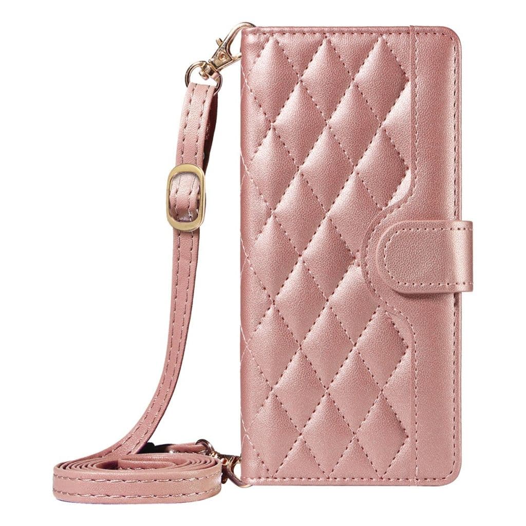 iPhone 17 Pro Max Plånboksfodral med axelrem – Roséguld diamantmönstrat konstläder - Bild 7