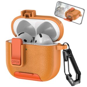 AirPods 4/5 Skal i PU-läder med stöd och karbinhake - Orange