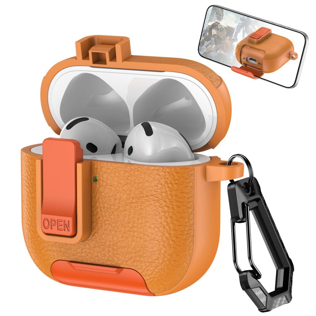 AirPods 4/5 Skal i PU-läder med stöd och karbinhake - Orange