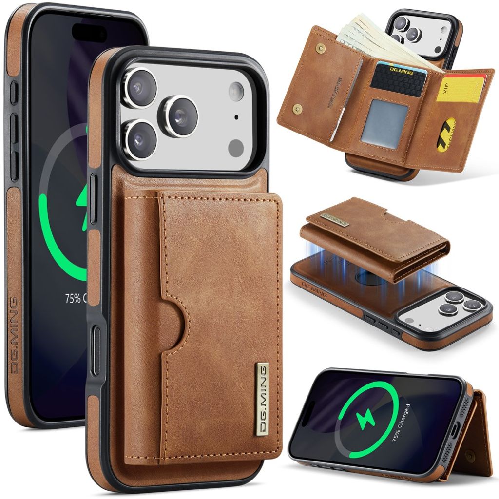 DG.MING M6 Skal med magnetisk plånbok till iPhone 18 Pro/17 Pro - Ljusbrun