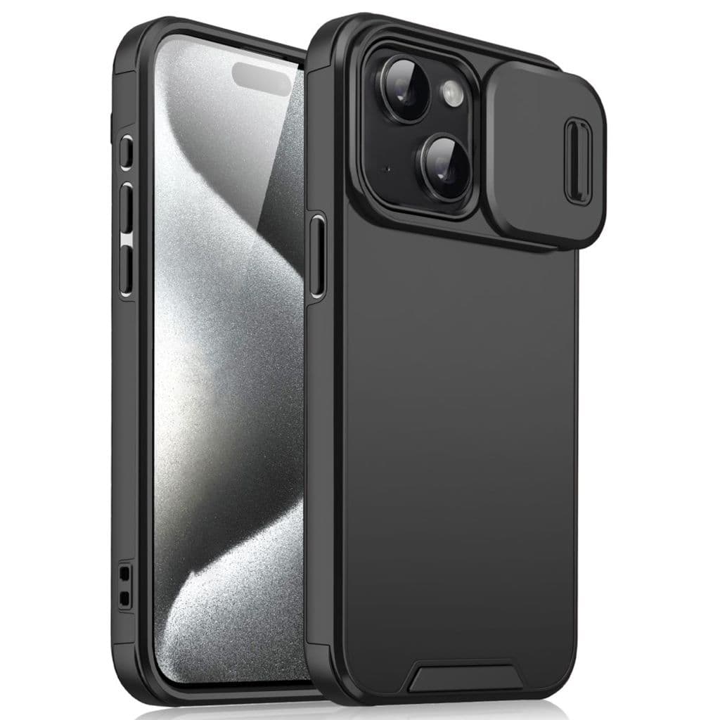 iPhone 15 Skal med Skjutbart Kameraskydd – Svart