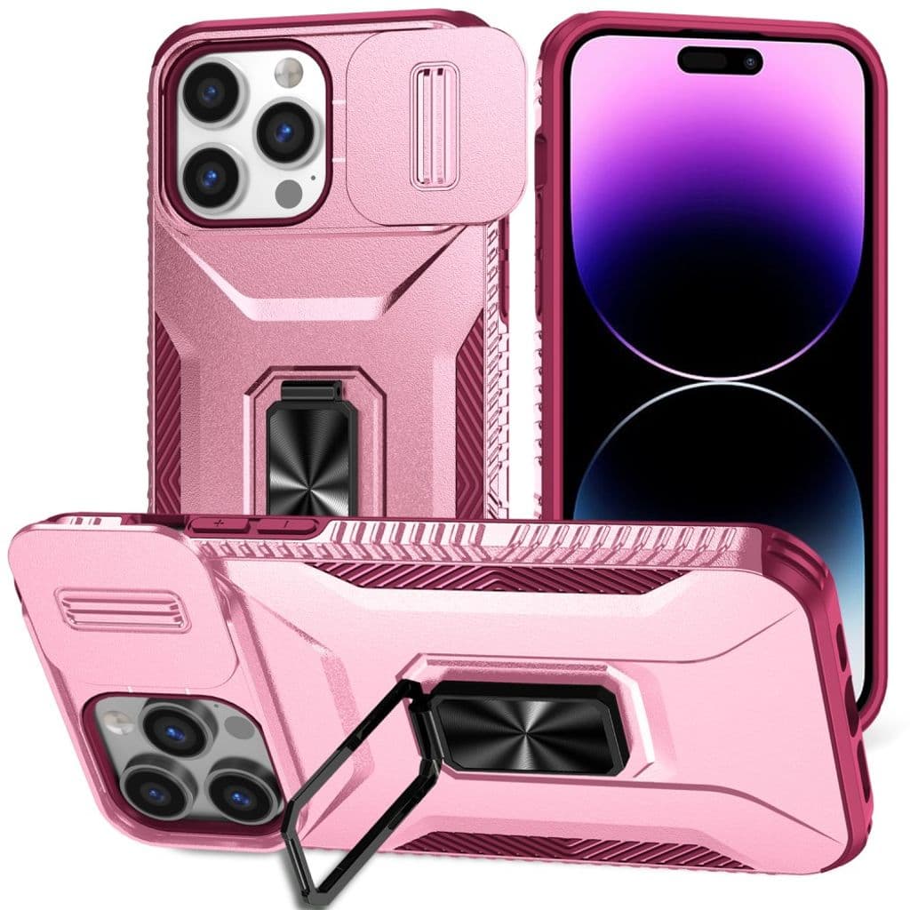 iPhone 14 Pro Max Skal med Skjutbart Kameraskydd & Stativ – Rosa