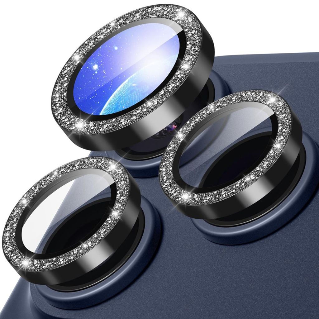iPhone 18 Pro Linsskydd metall ring härdat glas glitter - Svart