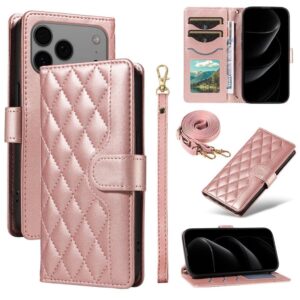 iPhone 17 Pro Max Plånboksfodral med axelrem – Roséguld diamantmönstrat konstläder