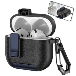 AirPods 4/5 fodral PU-läder med ställ och karabinkrok - Svart/mörkblå