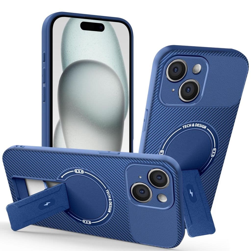iPhone 15 Skal Stativ Kolfibertextur - Blå