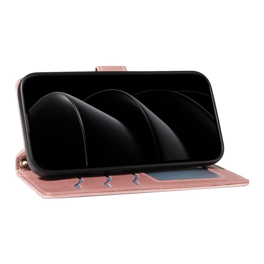 iPhone 17 Pro Max Plånboksfodral med axelrem – Roséguld diamantmönstrat konstläder - Bild 10